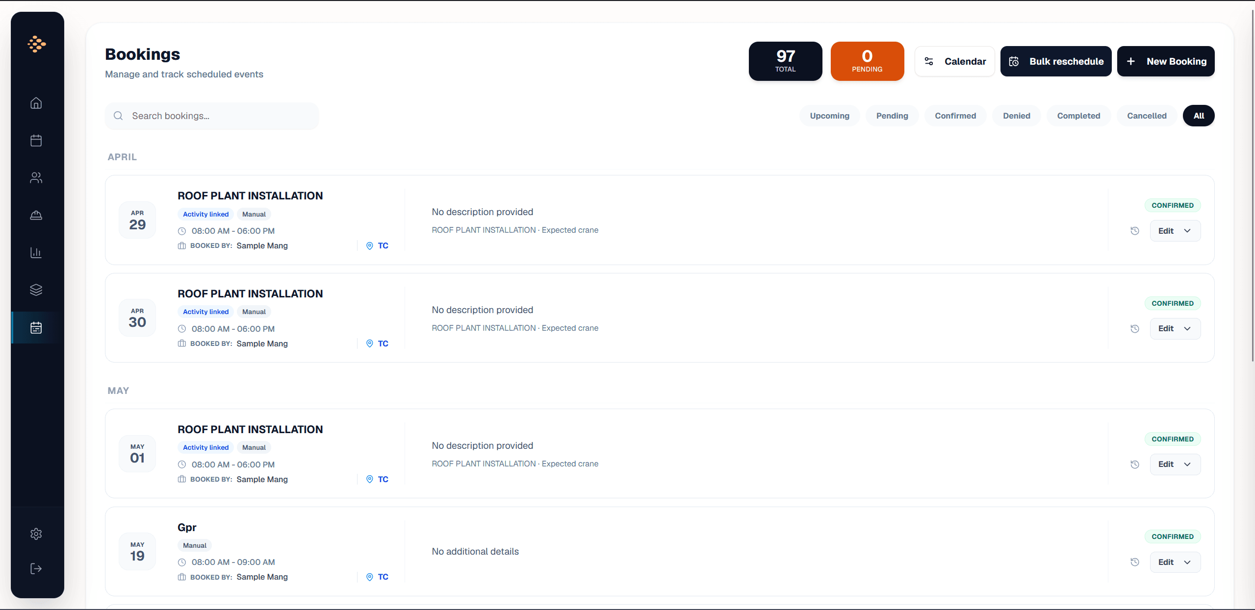 SiteSpace bookings dashboard